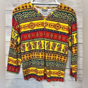 Vintage 90s Simply Basic Henley Shirt Multicolor Paisley Geometric‎ Print Size M